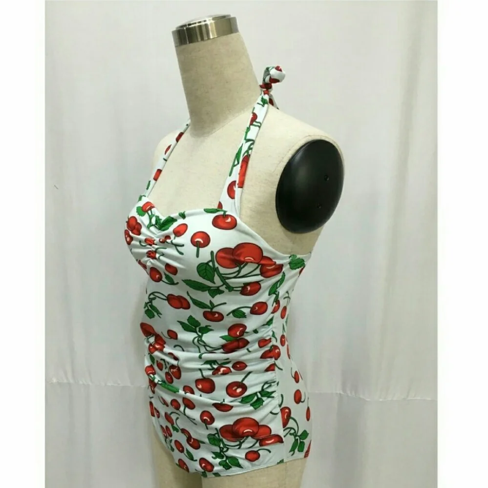 Retro Cherry Print 1-PC Bathing Suit Rockabilly 50s Pin Up Girl - Picture 2 of 13